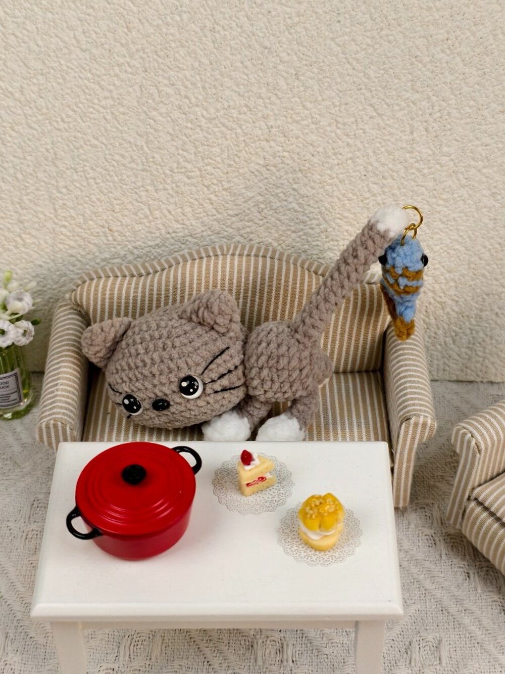 Handmade Amigurumi Crochet Gray Cat Hanging A Fish On Its Tail Plushie